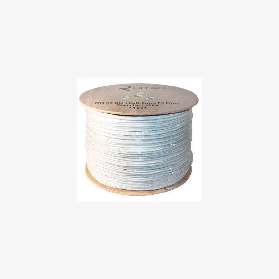 Кабель телевізійний Ritar RG-59, 0,81 мм.CU, 64x0.12m CCA экран,+2*0.5power, white PVC (RT-W305-RG59+2x0.5mm)