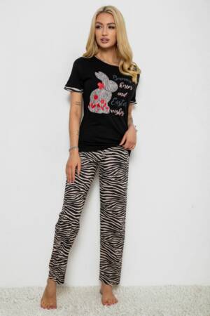 Піжама жіноча з принтом, колір чорний, 243R2032-E