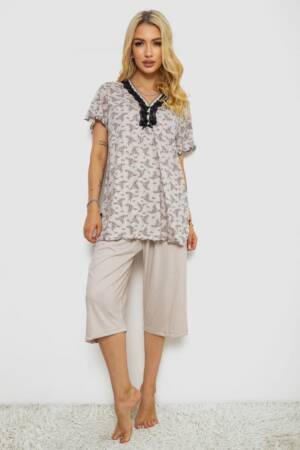 Піжама жіноча з принтом, колір бежевий, 243R6968