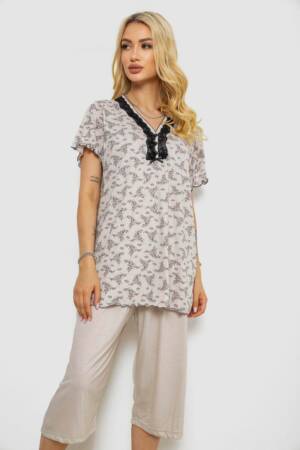 Піжама жіноча з принтом, колір бежевий, 243R6968