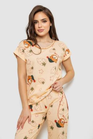 Піжама жіноча з принтом, колір бежевий, 243R6018-P31