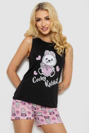 Піжама жіноча з принтом, колір чорний, 243R24498