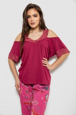 Піжама жіноча з принтом, колір бордовий, 243R1600-015