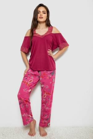 Піжама жіноча з принтом, колір бордовий, 243R1600-015