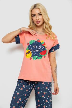 Піжама жіноча з принтом, колір персиковий, 243R2083-1