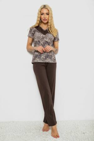 Піжама жіноча з принтом, колір бежево-коричневий, 243R15709