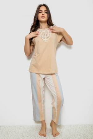 Піжама жіноча з принтом, колір бежевий, 243R1600-019