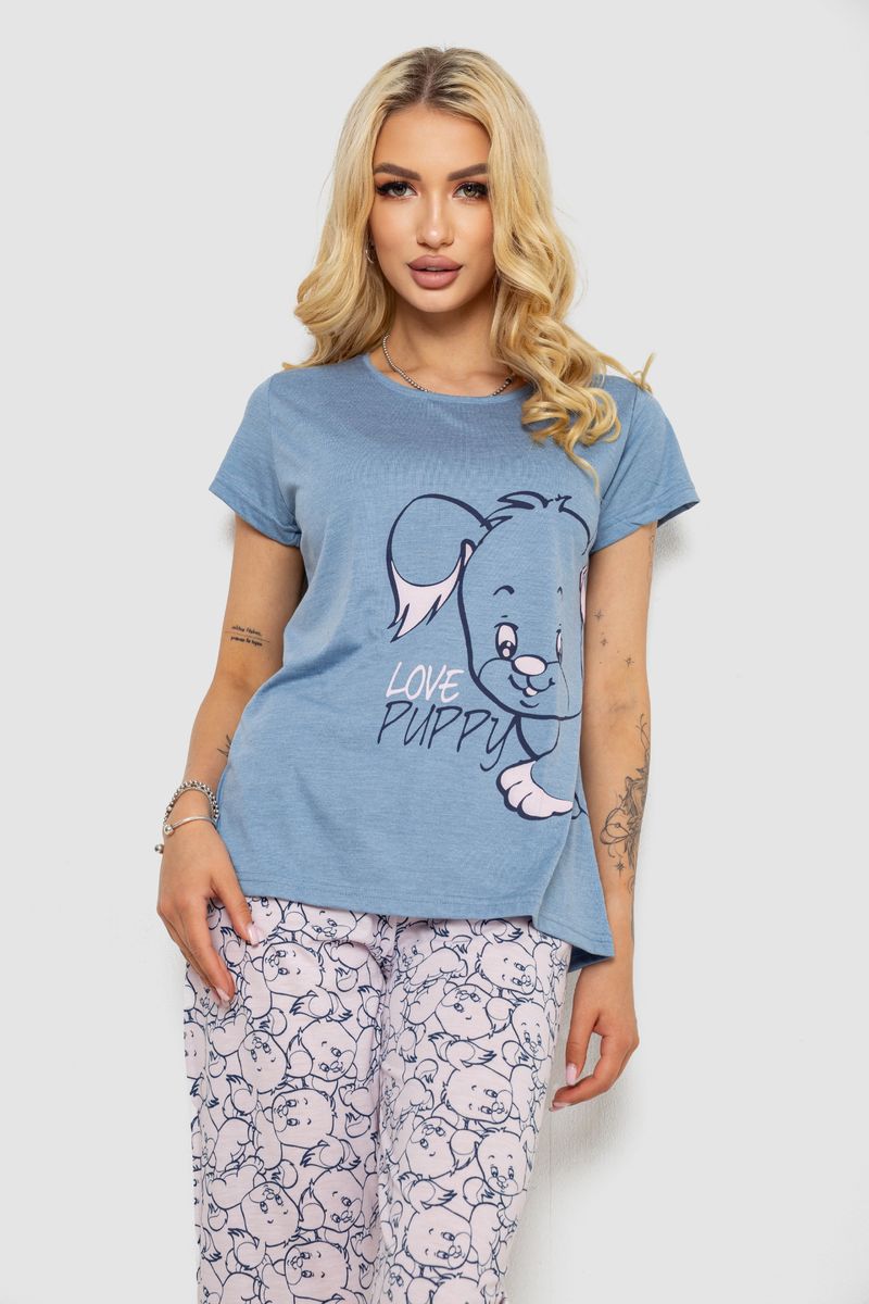 Піжама жіноча з принтом, колір джинс, 243R7106