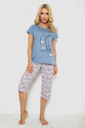 Піжама жіноча з принтом, колір джинс, 243R7106