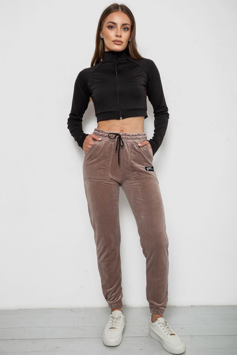Штани жіночі велюрові на флісі, колір бежевий, 238R58473-2