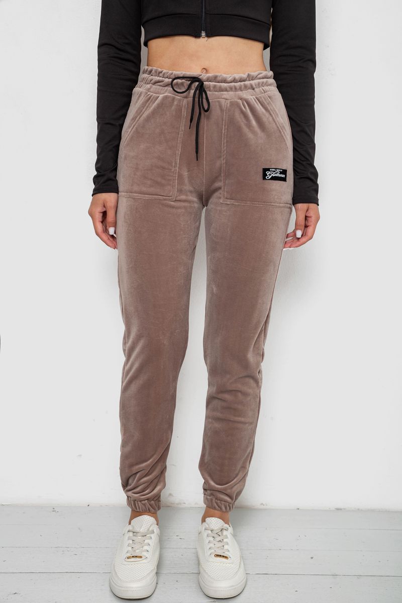 Штани жіночі велюрові на флісі, колір бежевий, 238R58473-2