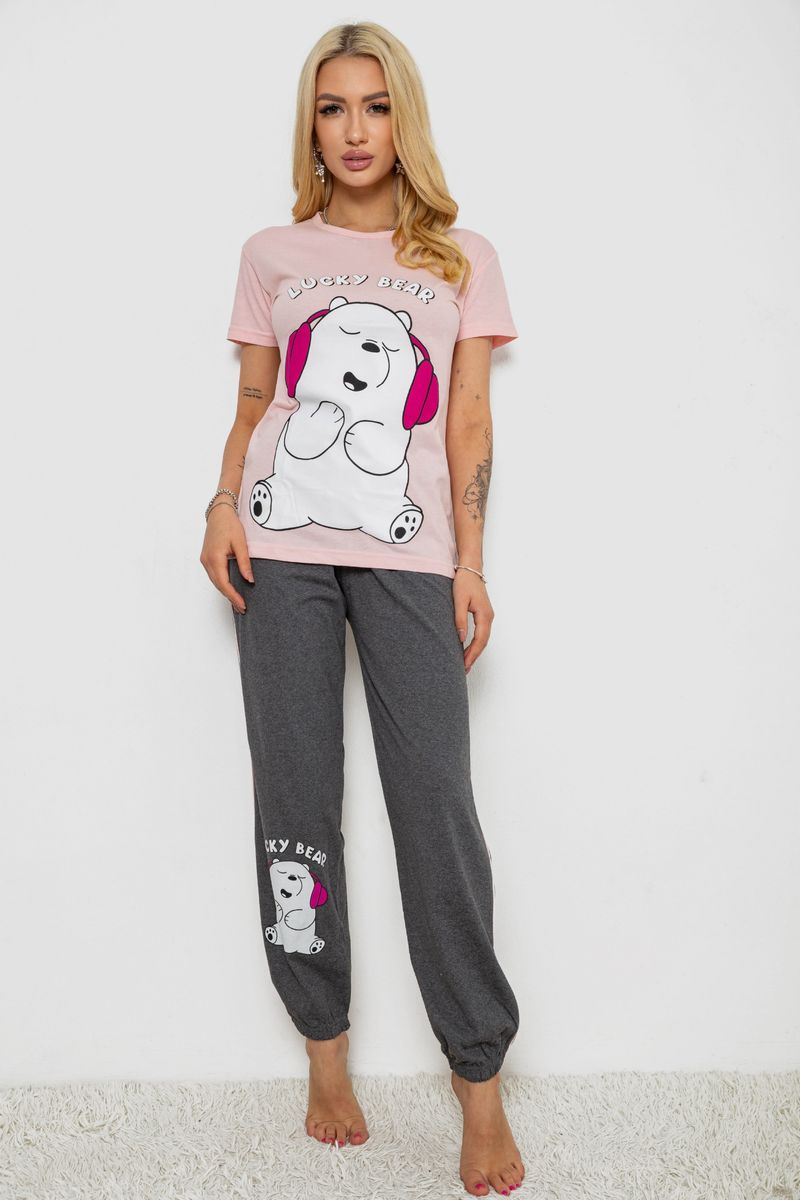 Піжама жіноча з принтом, колір рожево-сірий, 243R9203