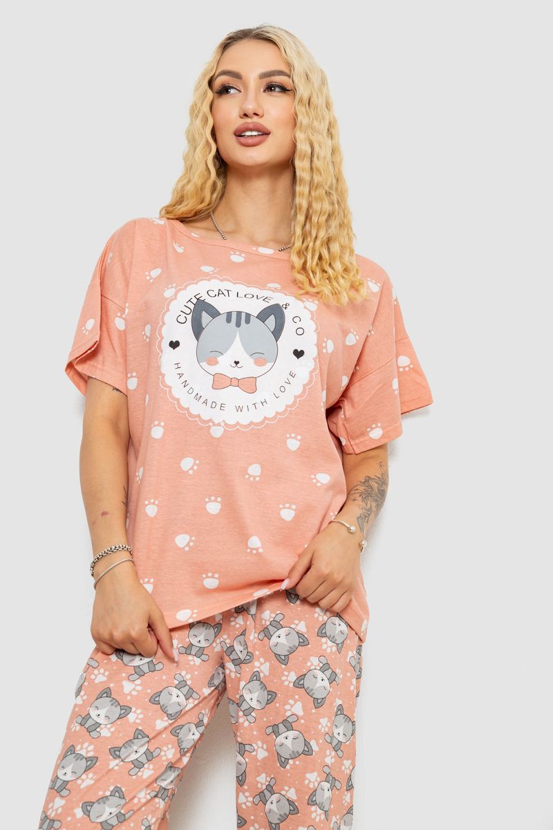 Піжама жіноча з принтом, колір персиковий, 243R15448