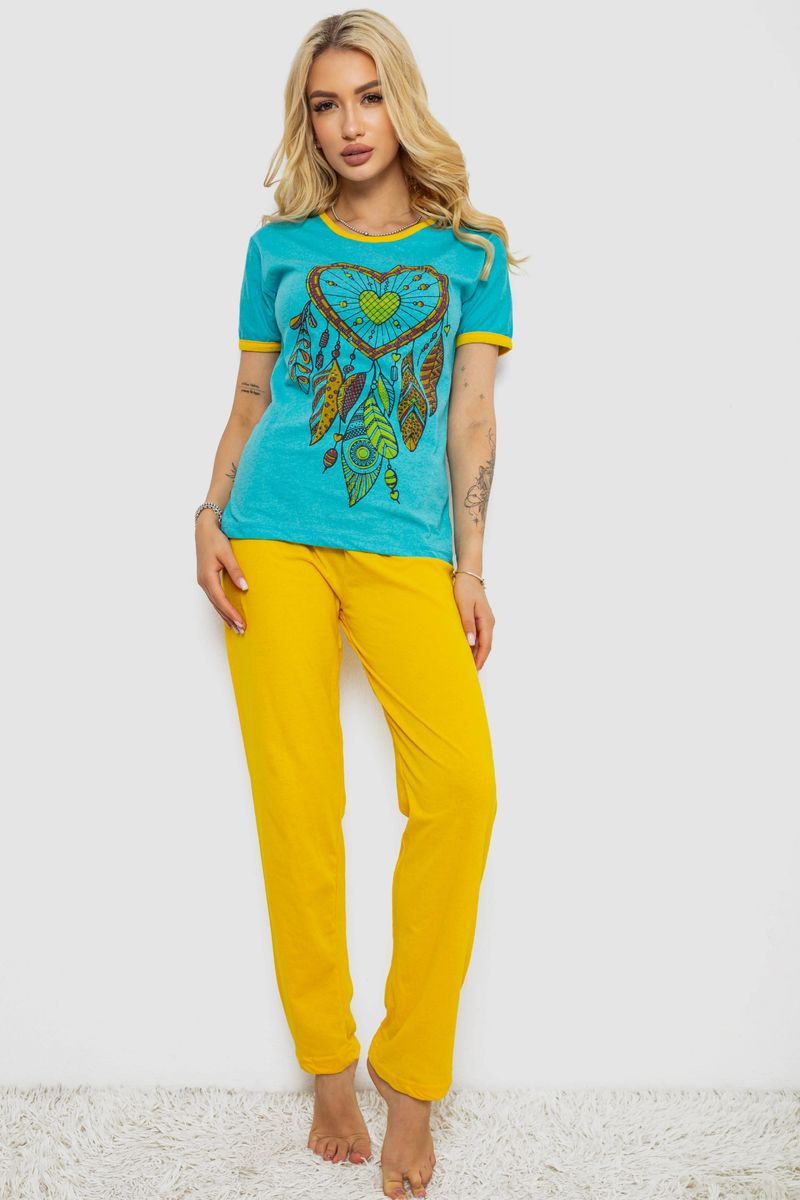 Піжама жіноча з принтом, колір бірюзовий, 243R30014