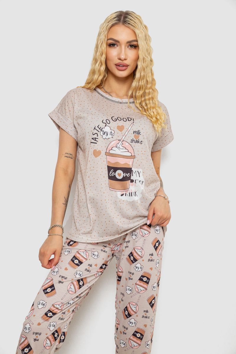 Піжама жіноча з принтом, колір бежевий, 243R6006 - Зображення 2