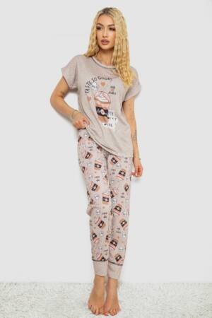 Піжама жіноча з принтом, колір бежевий, 243R6006