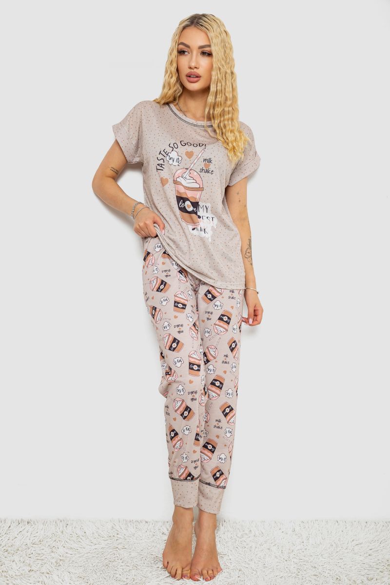 Піжама жіноча з принтом, колір бежевий, 243R6006
