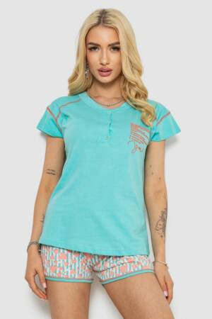 Піжама жіноча з принтом, колір бірюзовий, 243R0004-P10
