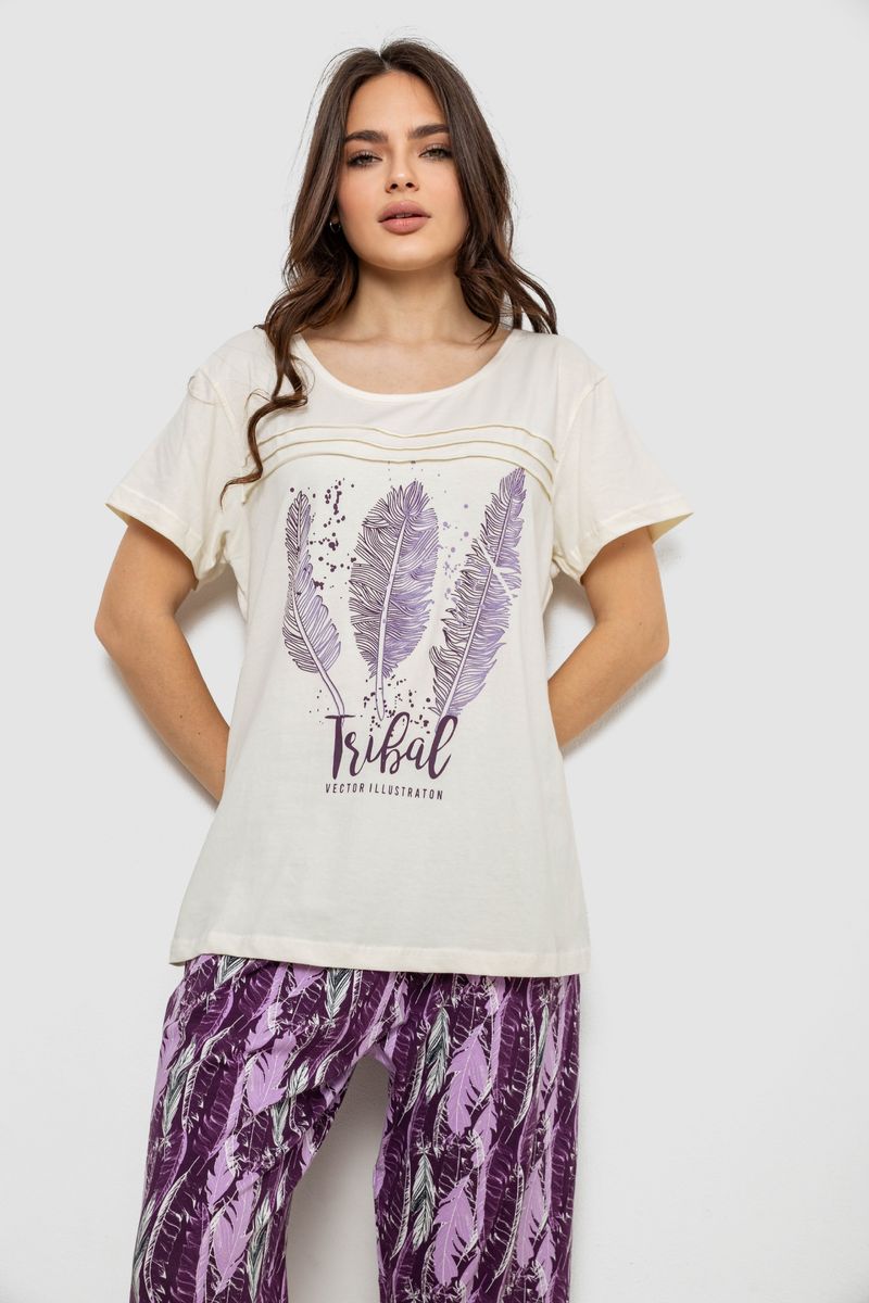 Жіноча піжама з принтом, колір молочний, 243R1602-002 - Зображення 2