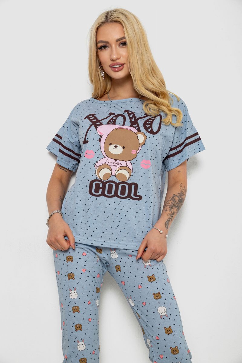 Піжама жіноча з принтом, колір джинс, 243R15408