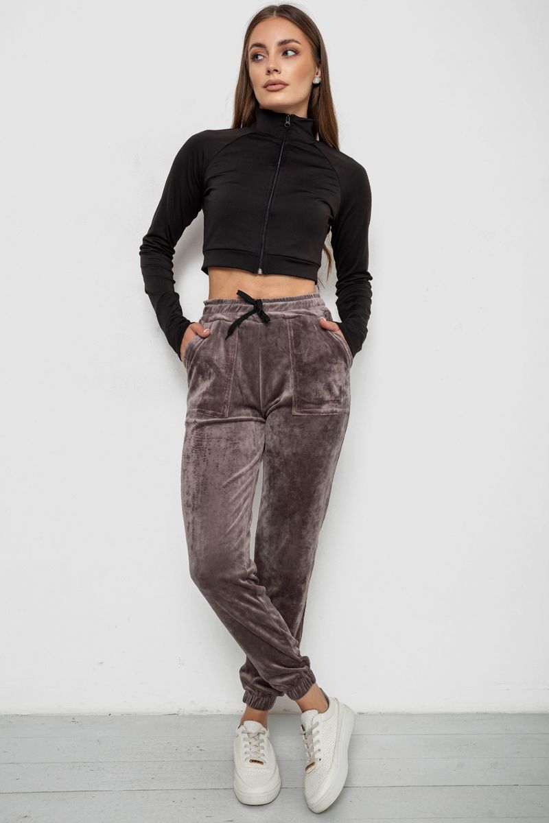Штани жіночі велюрові, колір коричневий, 238R57862 - Зображення 2