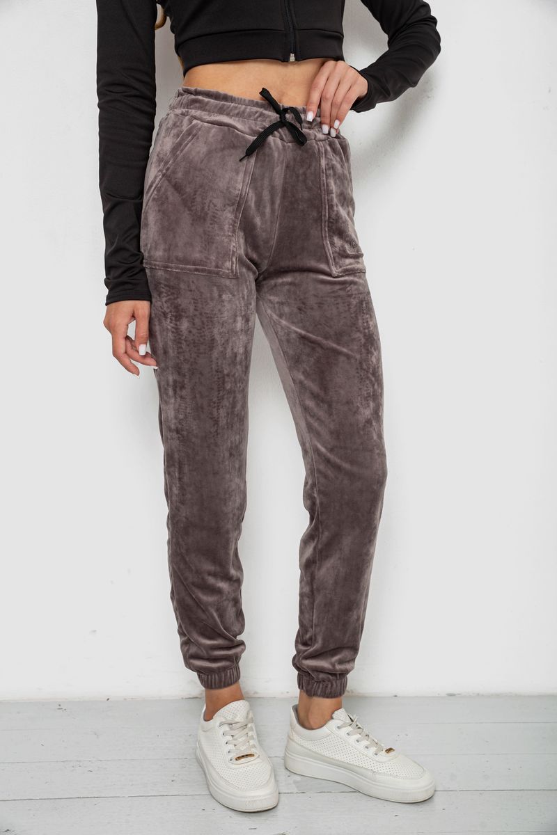 Штани жіночі велюрові, колір коричневий, 238R57862 - Зображення 3