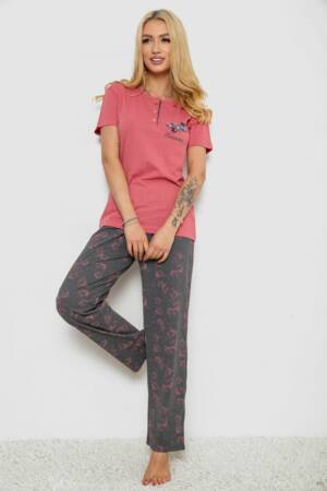 Піжама жіноча з принтом, колір рожево-сірий, 243R9224