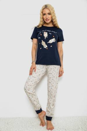 Піжама жіноча з принтом, колір синьо-молочний, 243R15896