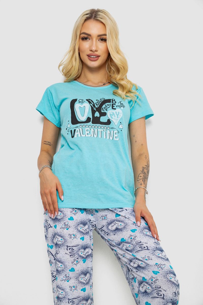 Піжама жіноча з принтом, колір бірюзовий, 243R2499