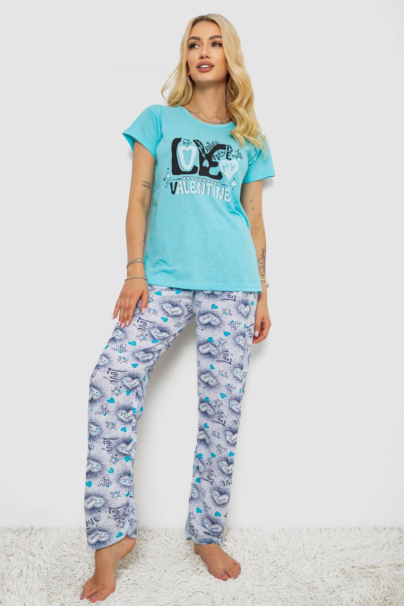 Піжама жіноча з принтом, колір бірюзовий, 243R2499