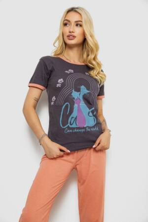 Піжама жіноча з принтом, колір грифельний, 243R20267