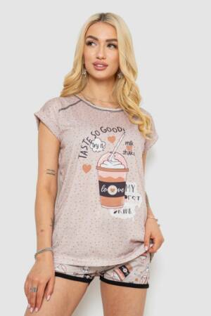 Піжама жіноча з принтом, колір бежевий, 243R7007-17