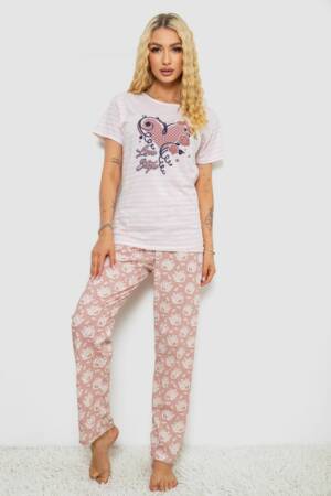 Піжама жіноча з принтом, колір пудровий, 243R3696