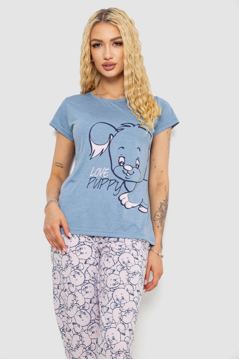 Піжама жіноча з принтом, колір джинс, 243R7105