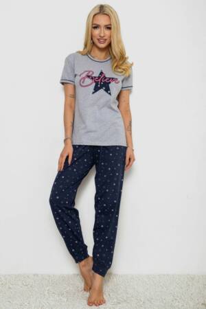 Піжама жіноча з принтом, колір сіро-синій, 243R9214