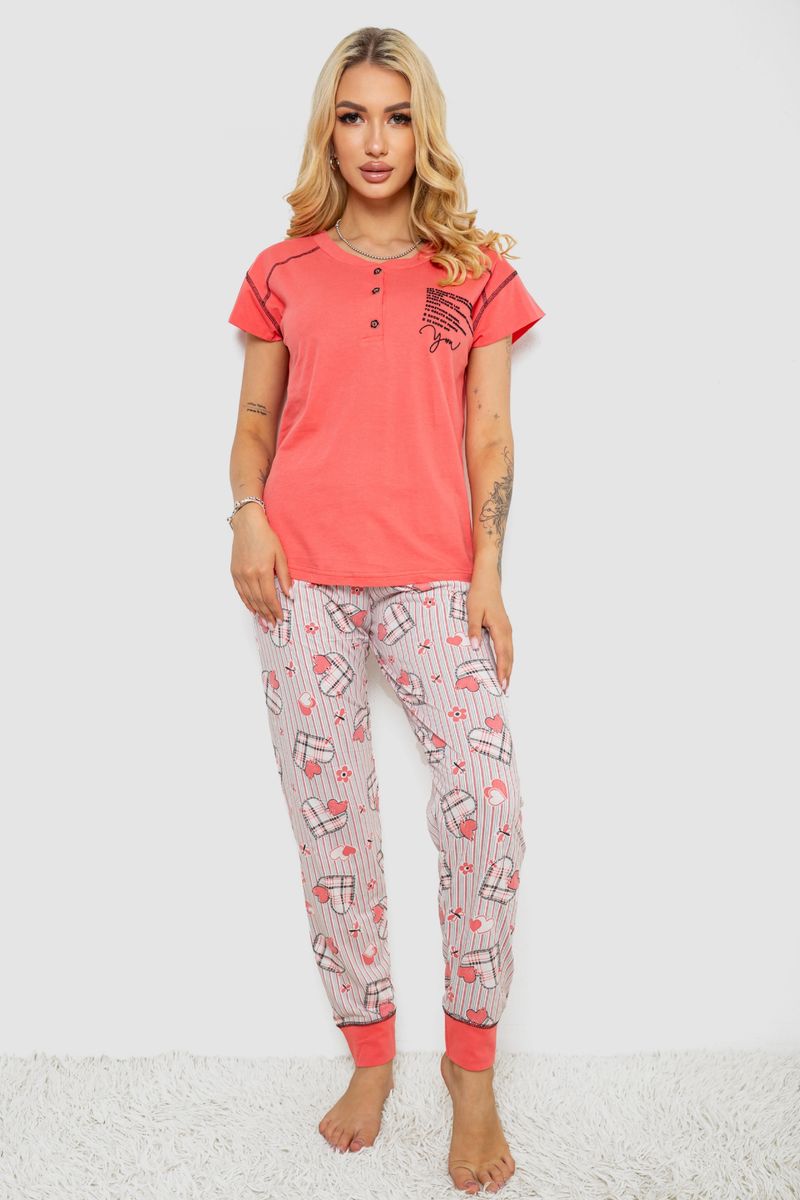 Піжама жіноча з принтом, колір кораловий, 243R0004-P3