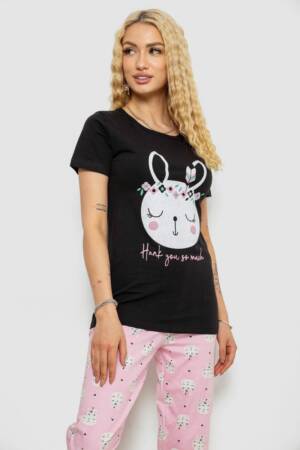 Піжама жіноча з принтом, колір чорно-рожевий, 243R15908