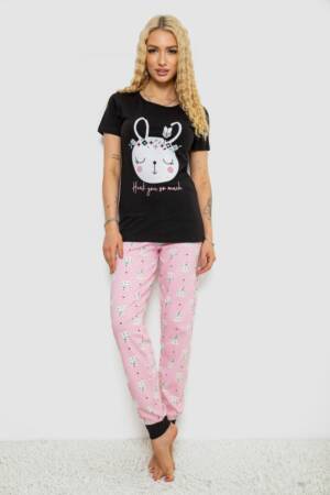 Піжама жіноча з принтом, колір чорно-рожевий, 243R15908