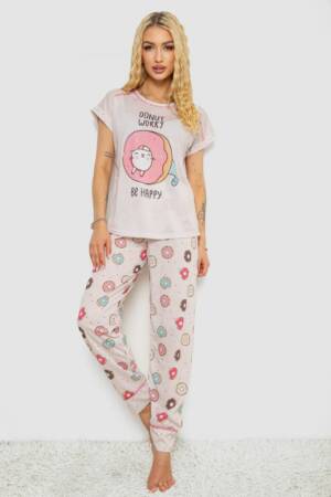 Піжама жіноча з принтом, колір пудровий, 243R6015