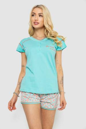 Піжама жіноча з принтом, колір бірюзовий, 243R0004-P6