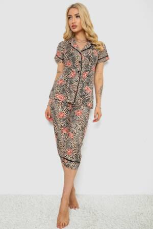 Піжама жіноча з принтом, колір бежевий, 243R19012