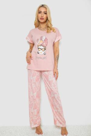Піжама жіноча з принтом, колір пудровий, 243R2084-1