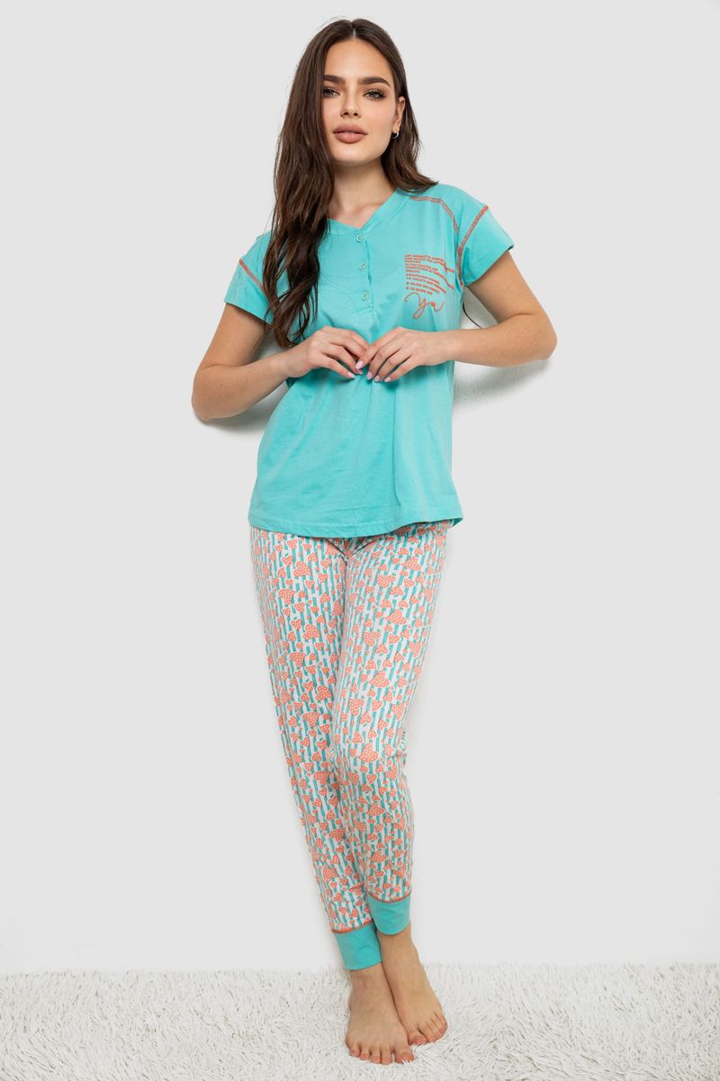 Піжама жіноча з принтом, колір бірюзовий, 243R0004-P9