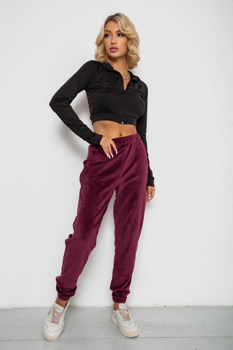 Спортивні штани жіночі велюрові на флісі, колір бордовий, 238R58646-1