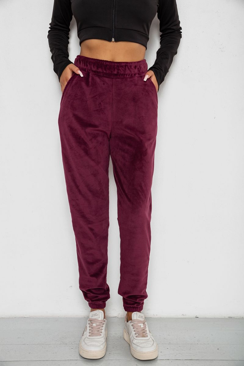 Спортивні штани жіночі велюрові на флісі, колір бордовий, 238R58646-1
