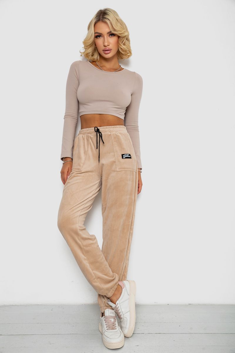 Спортивні штани велюрові жіночі на флісі, колір світло-бежевий, 238R58649-1 - Зображення 2