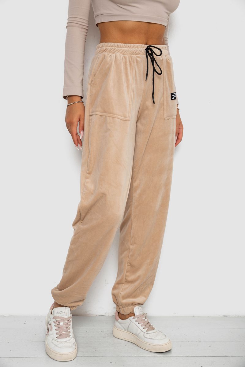 Спортивні штани велюрові жіночі на флісі, колір світло-бежевий, 238R58649-1 - Зображення 3