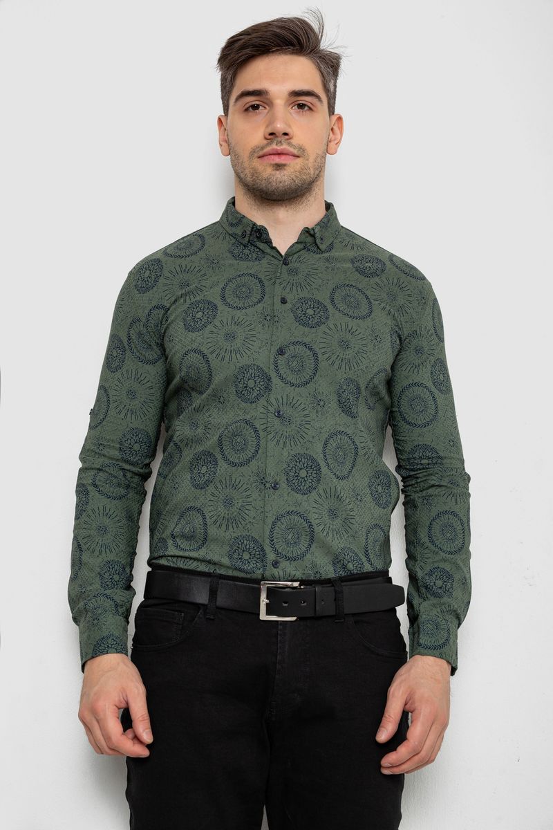 Сорочка чоловіча з принтом стрейч, колір хакі, 214R1024