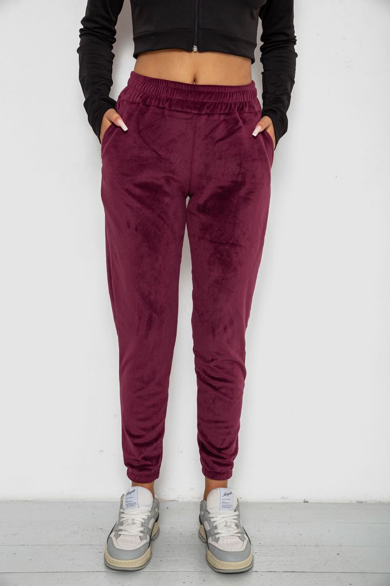 Спортивні штани велюрові жіночі на флісі, колір бордовий, 238R58648