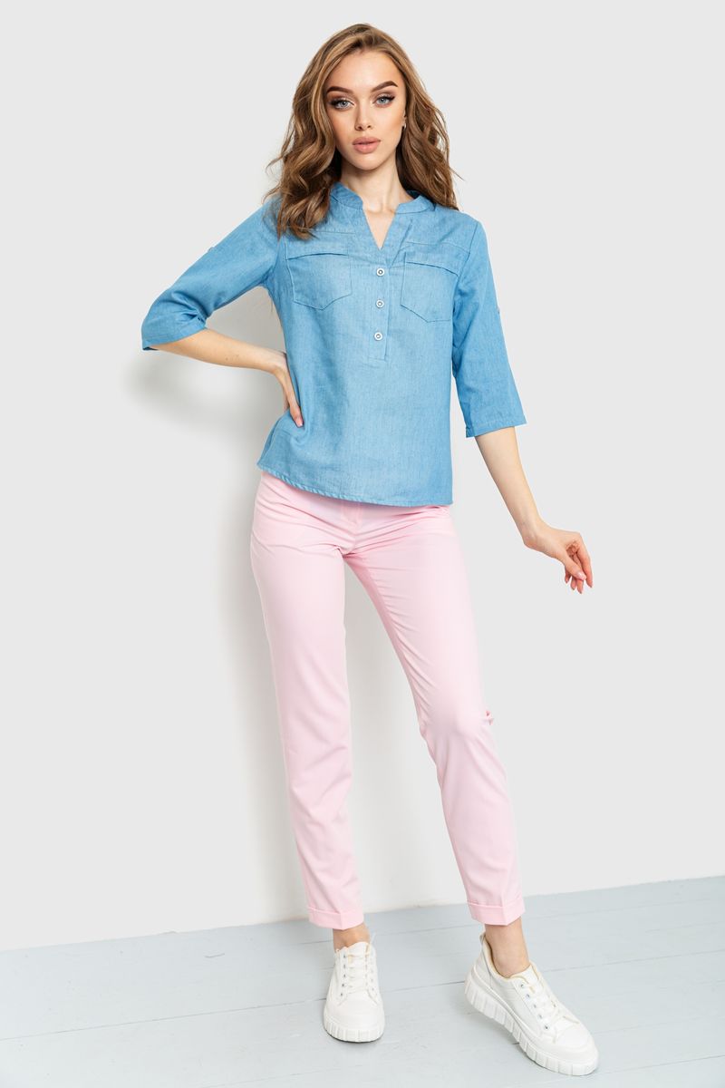 Блуза однотонна, колір джинс, 230R96
